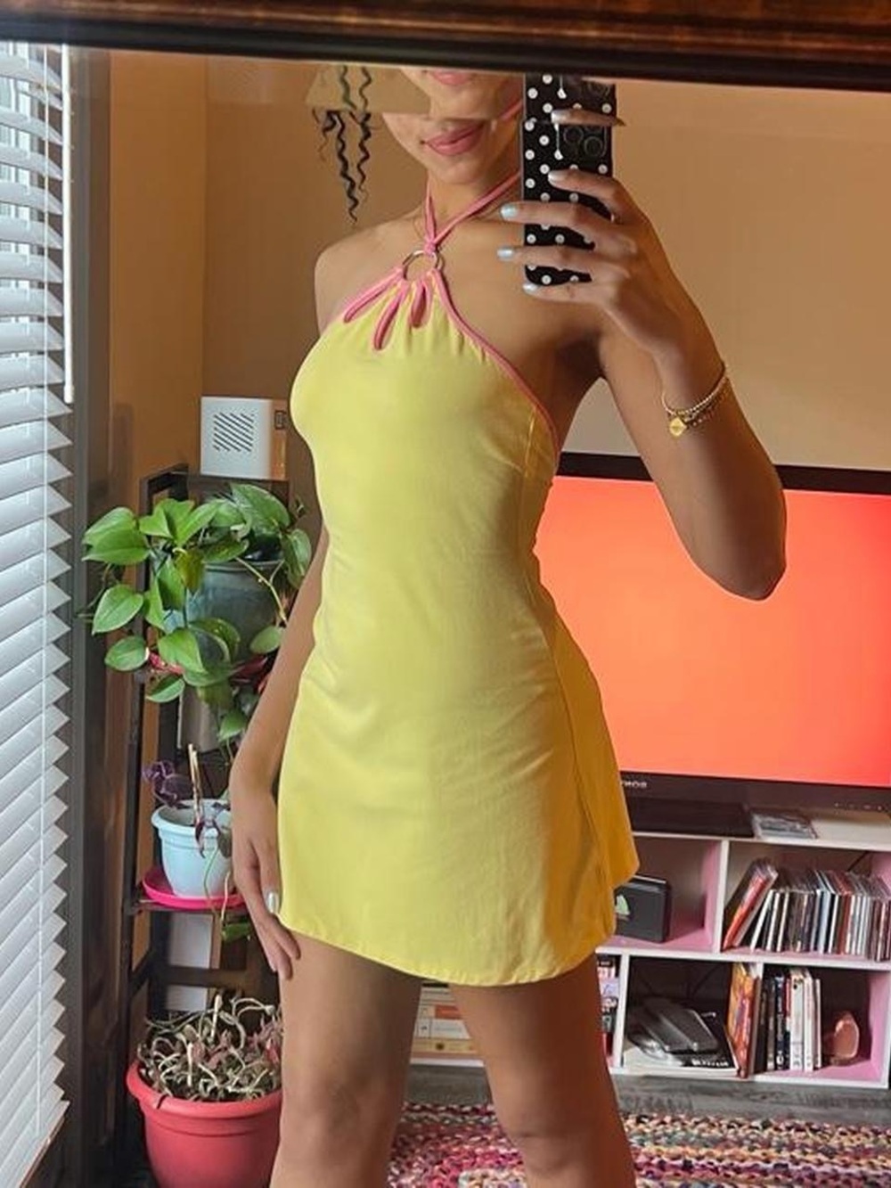 Yellow Halter Mini Dress with Pink Trim